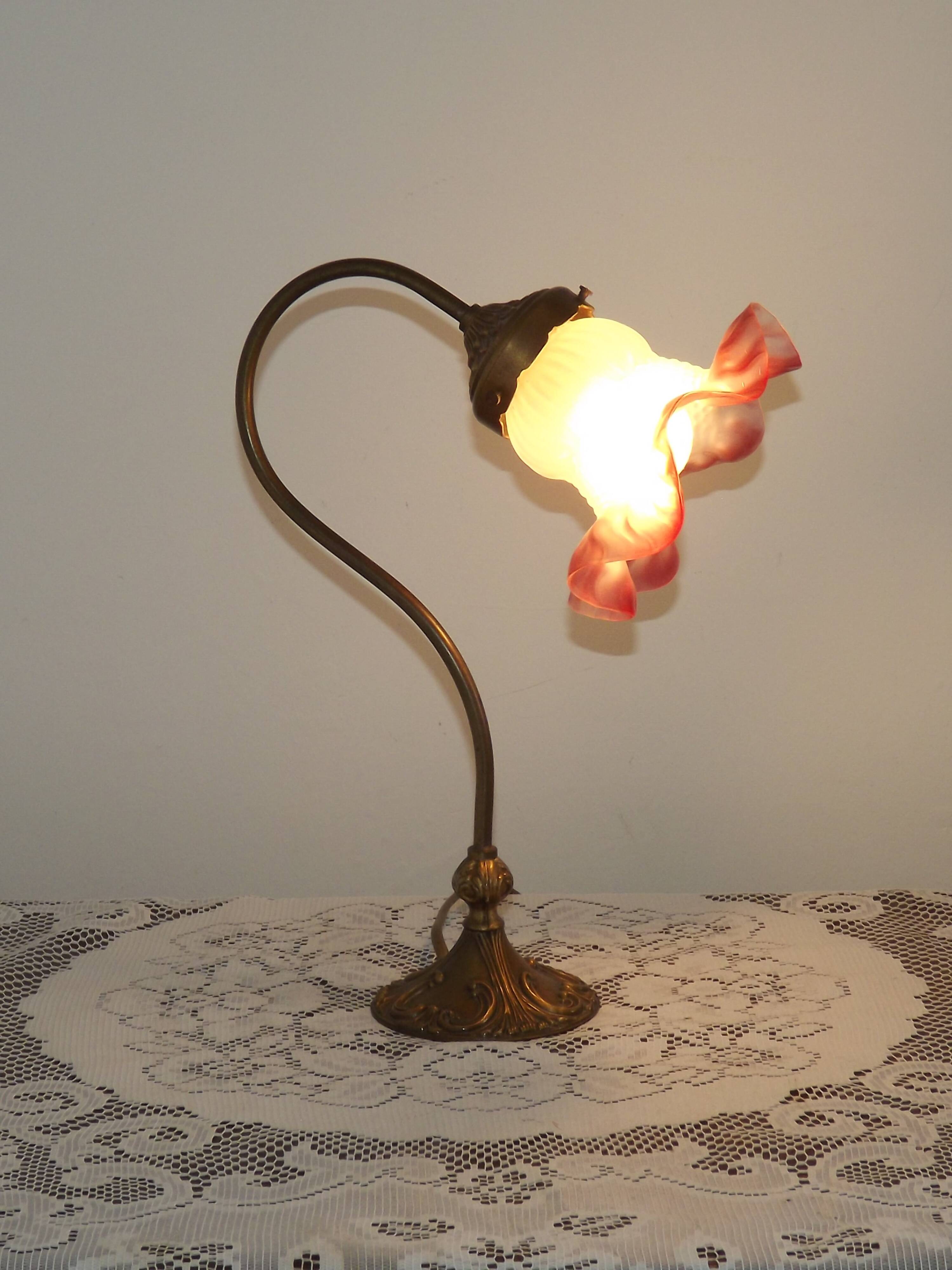 French Art Nouveau Brass Goose Neck Table Lamp White & Pink Glass Shade