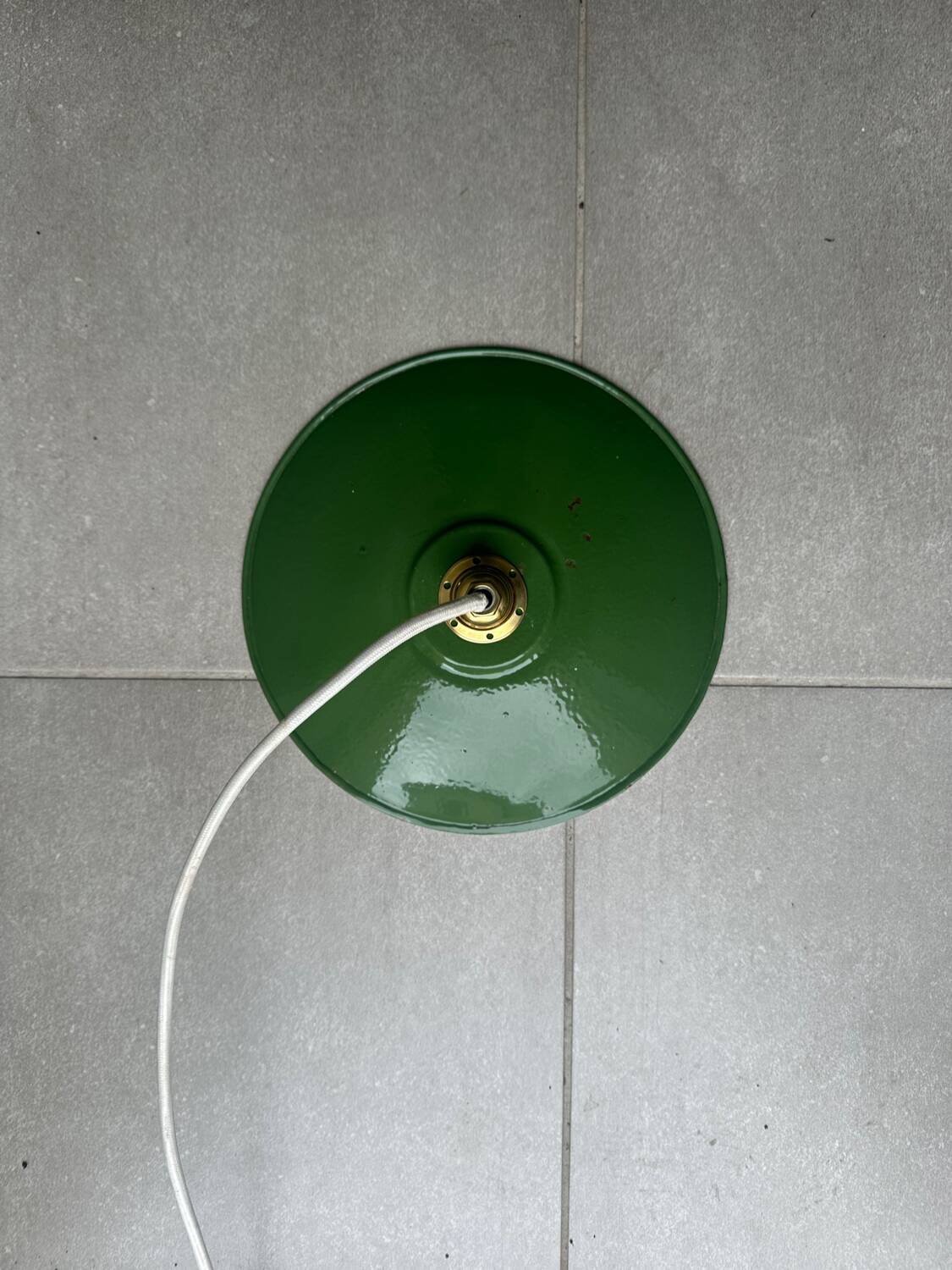 Vintage pendant light with green and white enamelled sheet metal lampshade and LED electricity