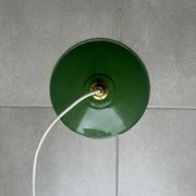 Vintage pendant light with green and white enamelled sheet metal lampshade and LED electricity