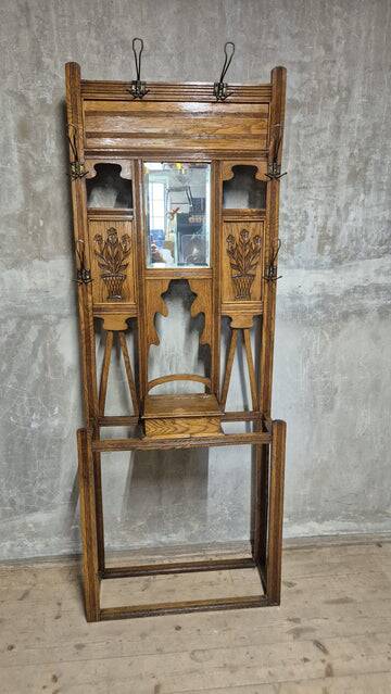 Vintage carved oak hall tree with mirror and coat hooks, early 20th century, 192 × 72 × 24 cm