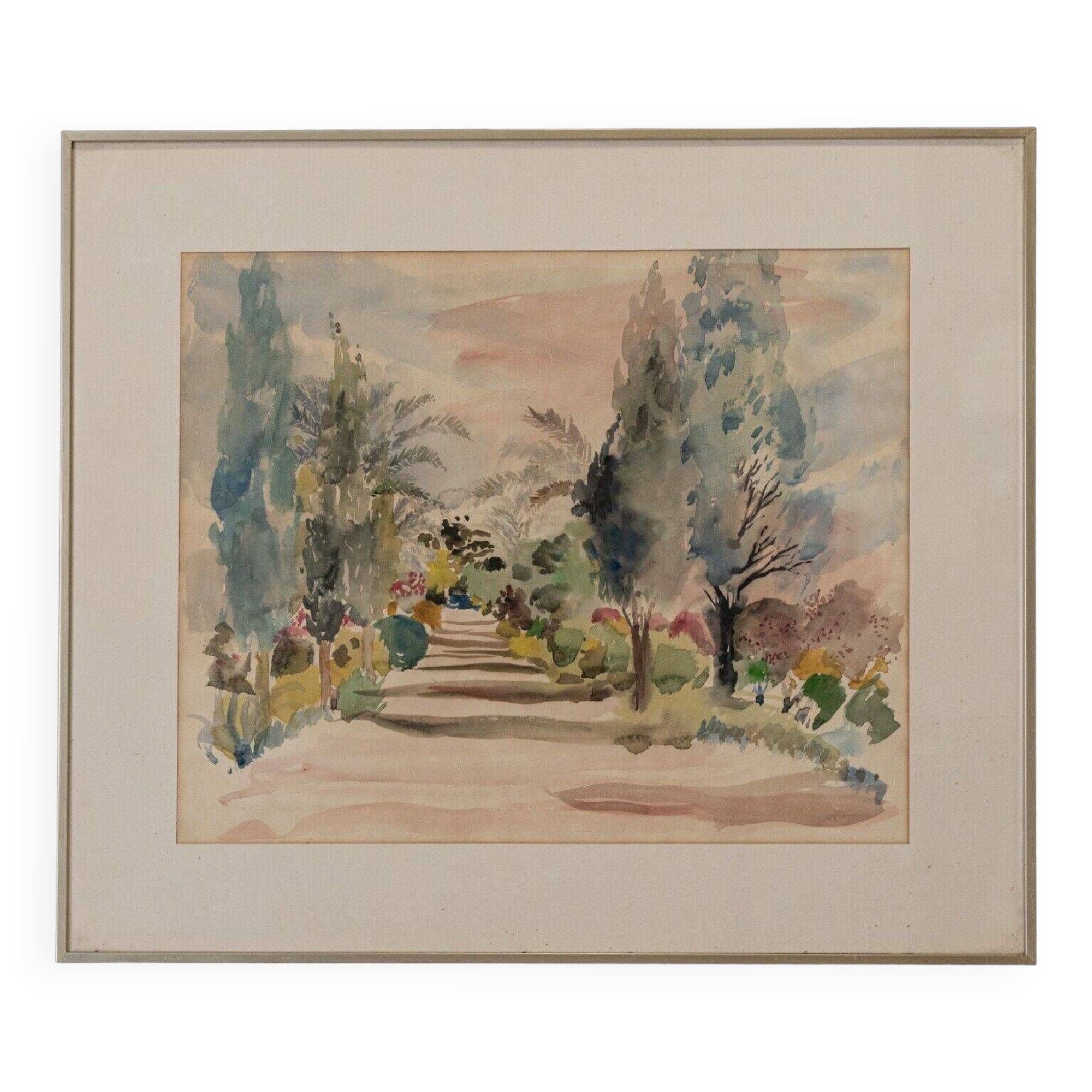 Watercolor on paper by Bernadette Sers Allée de Cyprès 20th century