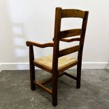 Set of 5 large French oak dining armchairs with rush seats, 1970s