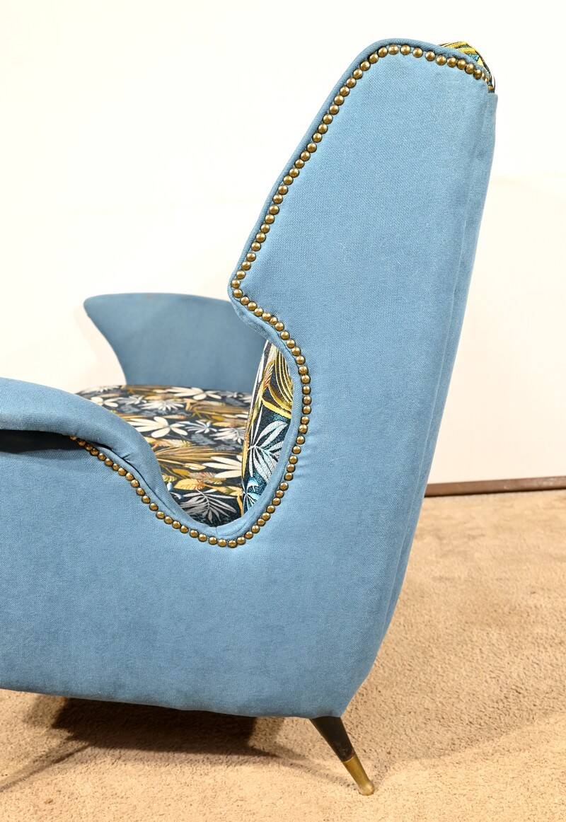 2-Seater Bench in Azure Blue Fabric – 1940s