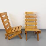 Pair of Vintage Brutalist Slatted Wood Lounge Chairs