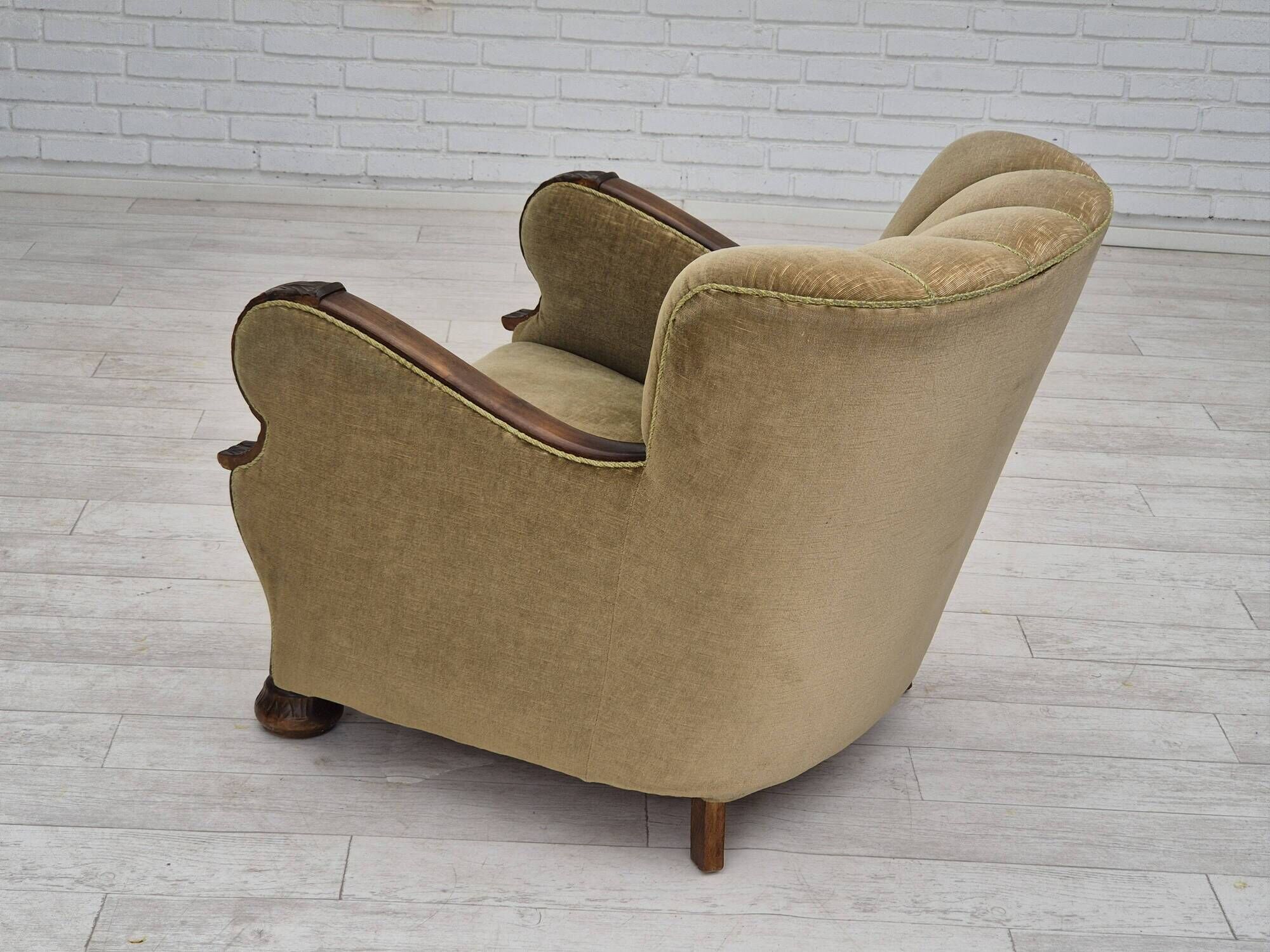 1960s, Danish vintage armchair, furniture velour, dark beech wood.
