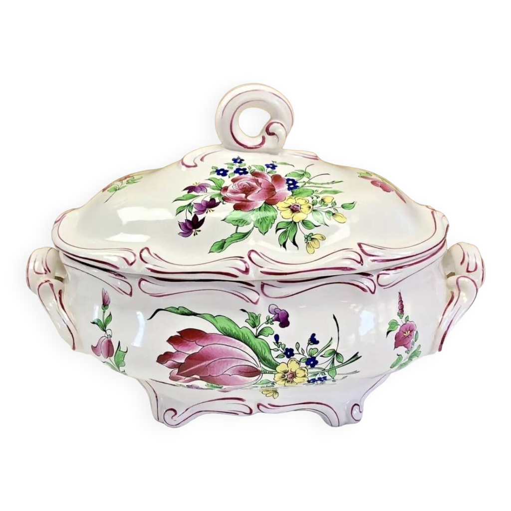 Ancienne Soupière Légumier Faïencerie Givors France - Décor Quadrillé Bordeaux - Vintage