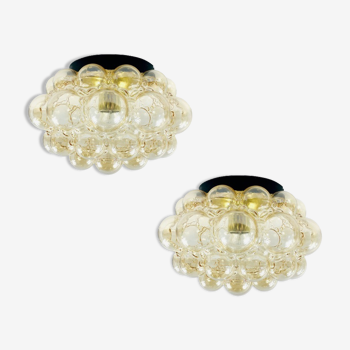 Pair of Amber Bubble Glass Ceiling Lamps by Helena Tynell for Limburg, Germany, 1970s