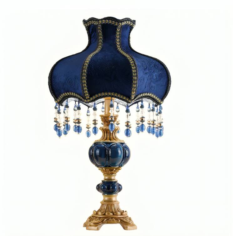 Vintage Table Lamp with Blue Floral Glass Shade - Romantic Accent Lamp for Bedroom
