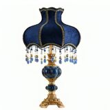 Vintage Table Lamp with Blue Floral Glass Shade - Romantic Accent Lamp for Bedroom
