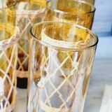 Carafe and glasses in blown amber glass and wicker