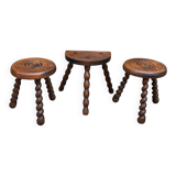 3 vintage turned wood stools