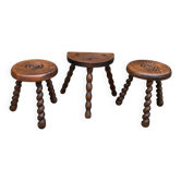 3 tabourets vintage en bois tourné