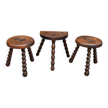 3 tabourets vintage en bois tourné