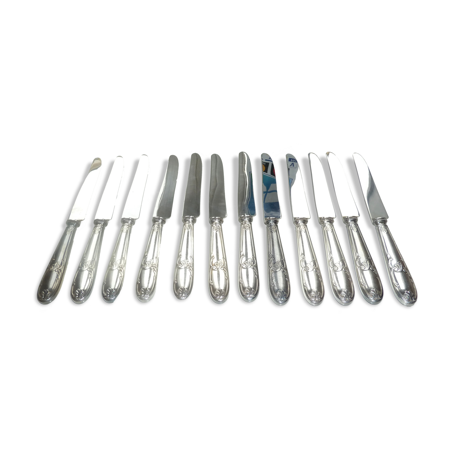 Lot 12 old large silver metal knives Rex covered silver metal floral