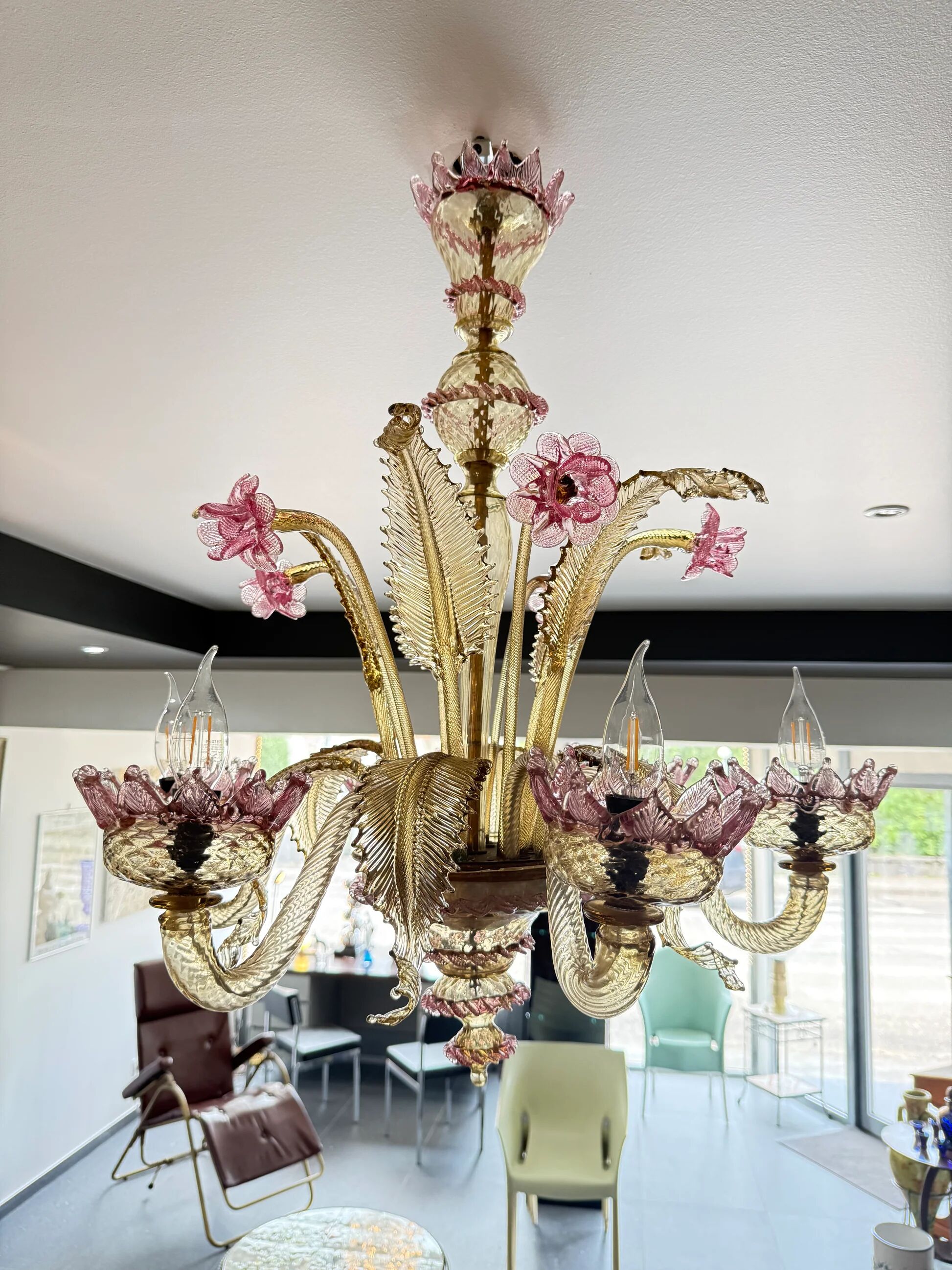 Venetian glass chandelier with pink and gold floral decoration – 6 lights