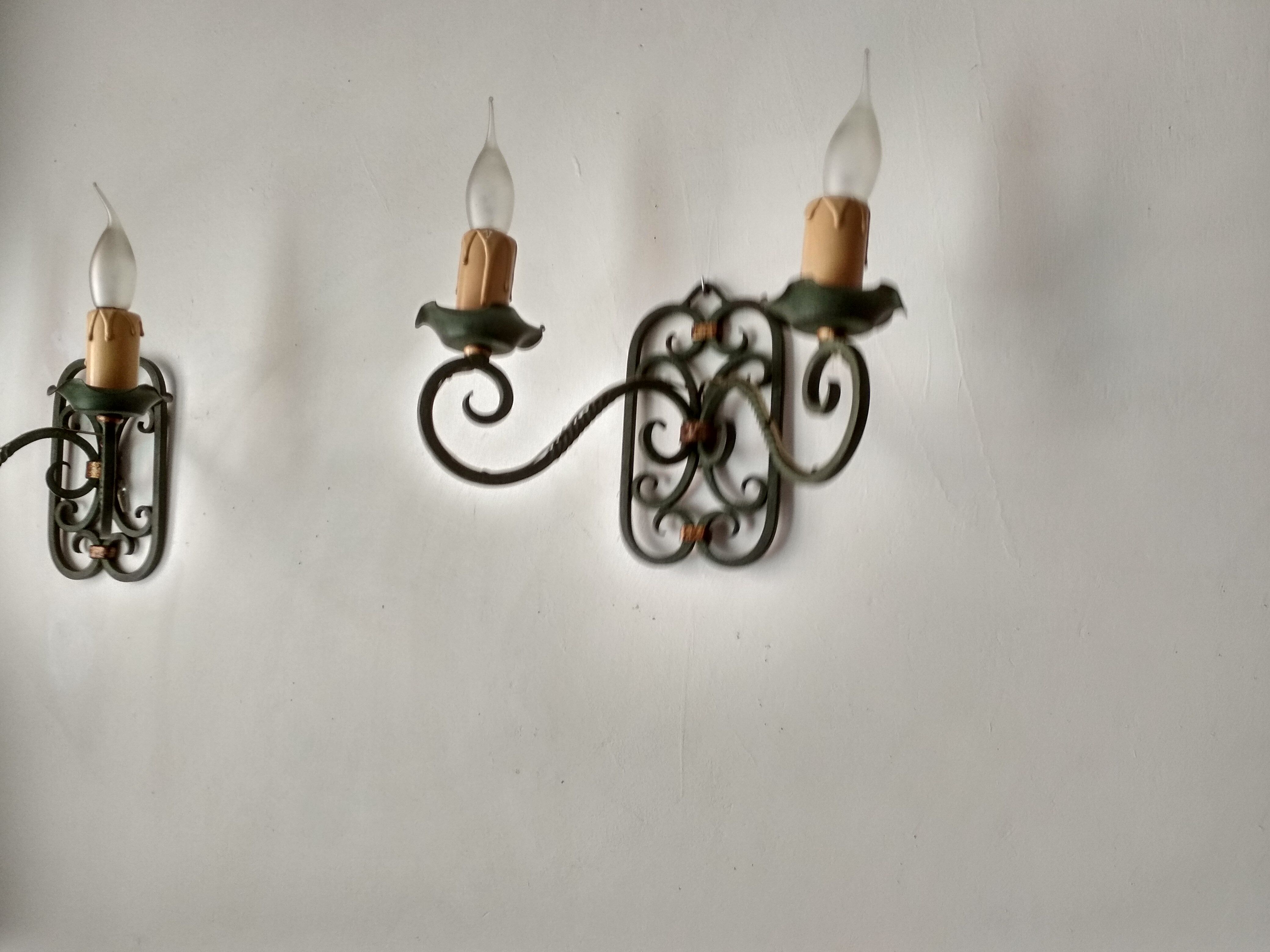 Pair of old wrought iron sconces patina green and gold - 2 lights
