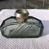 Art Deco smoked glass vase engraved silver metal collar