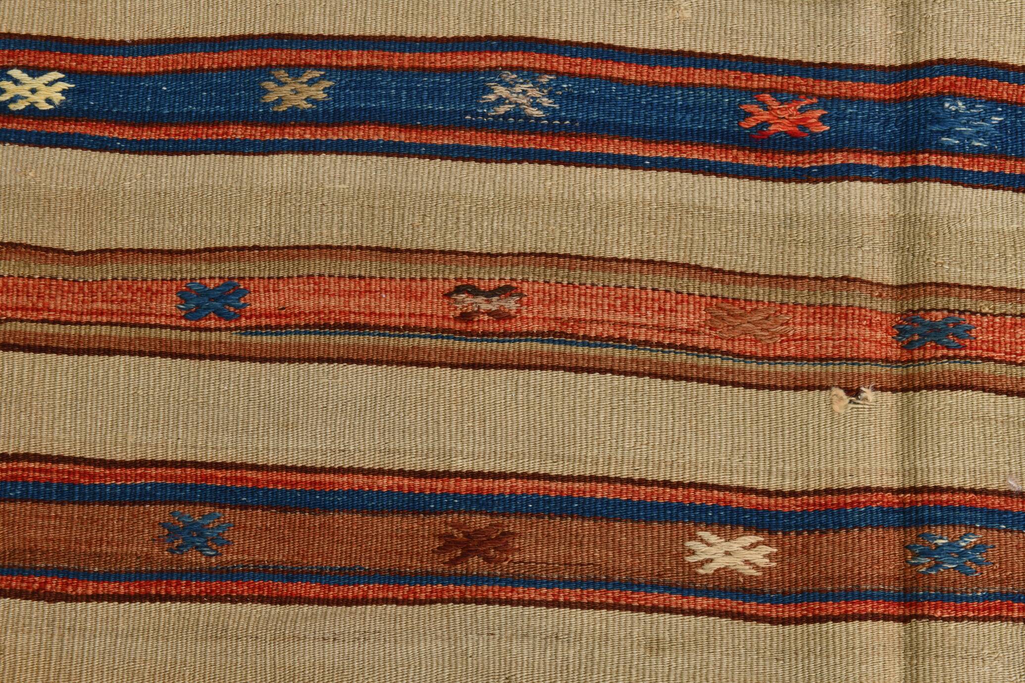 Tapis Kilim beige et bleu marine 4x5, motif ethnique, 120x146 cm