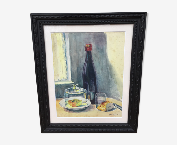Tableau ancien nature morte aux fromages des années 1950