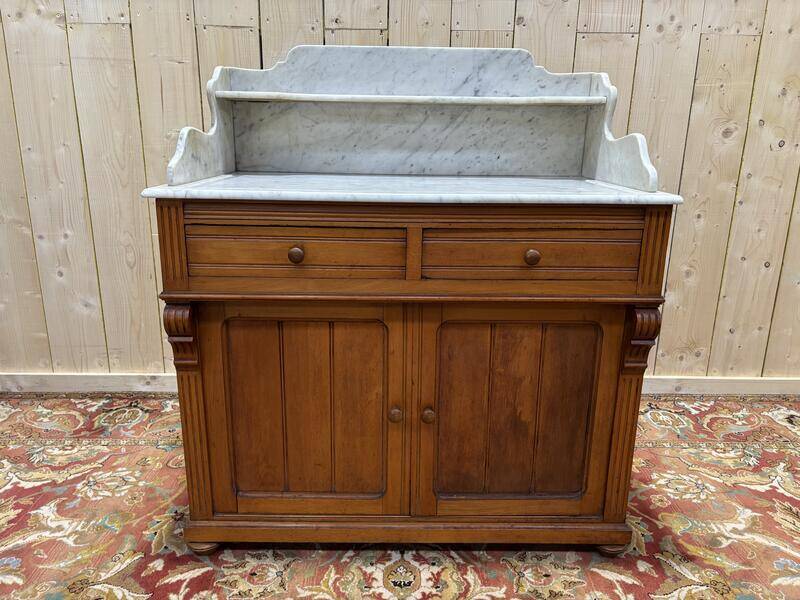 Meuble de toilette en noyer et marbre de carrare