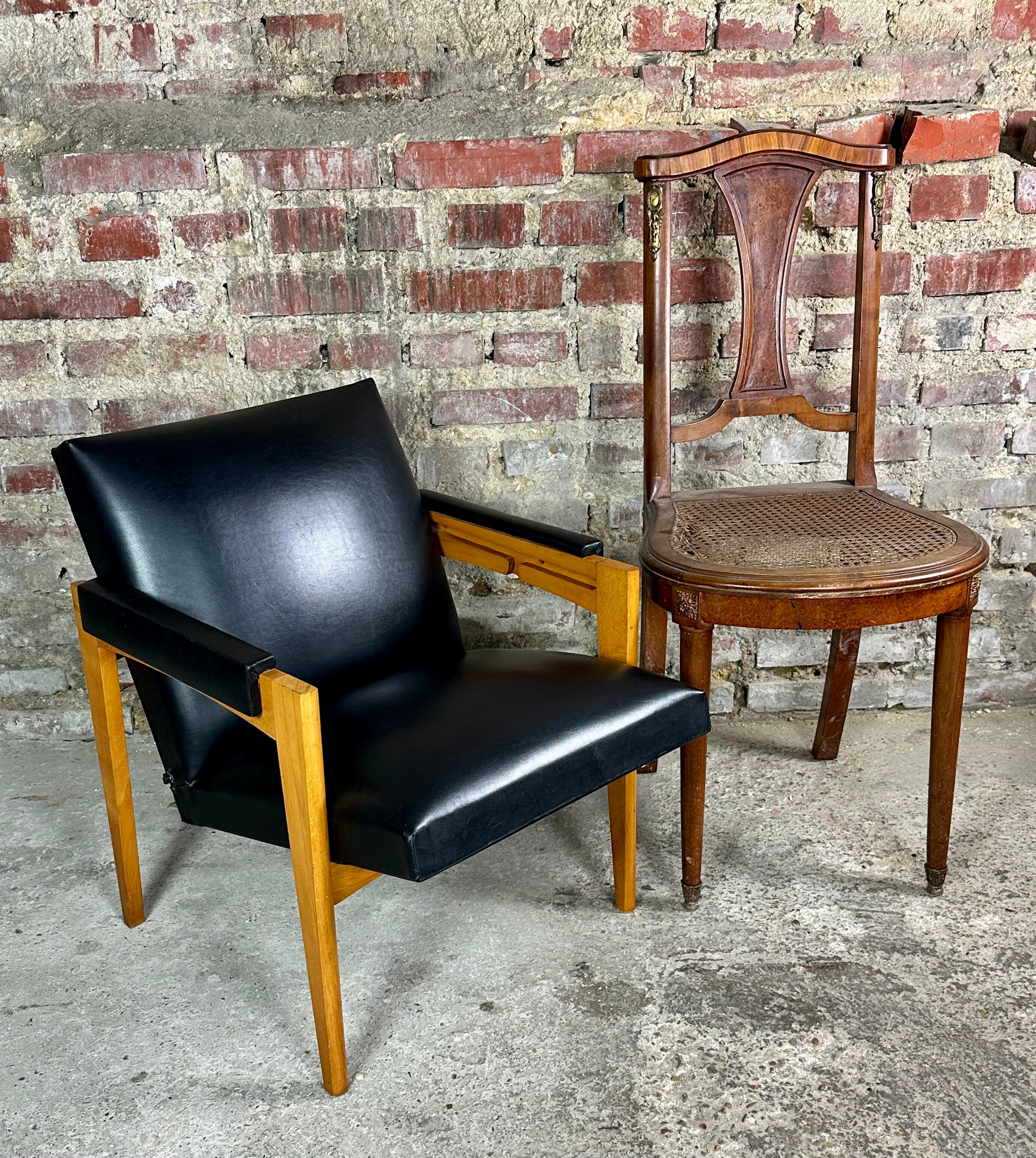 Armchair with vintage system 1950 in wood and imitation