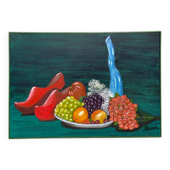 Still life with clogs and fruit / oil on canvas