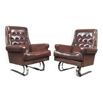 Paire de fauteuil Lounge en simili cuir marron et acier chromé vintage 50"