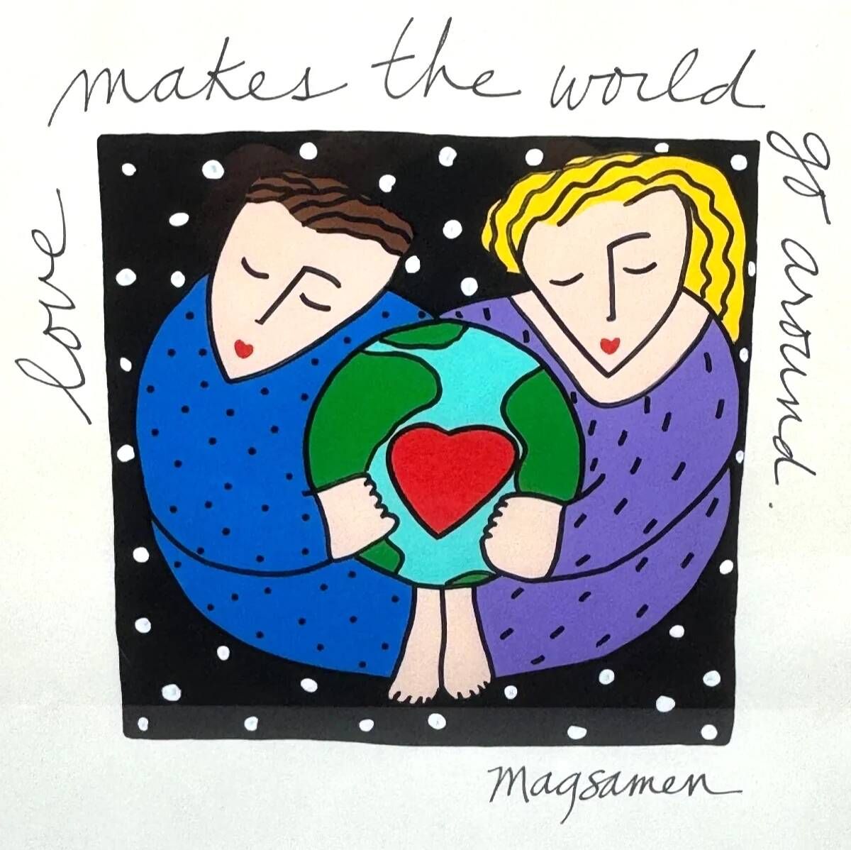Sandra Magsamen, Love makes the world go around, technique mixte, c. 1990