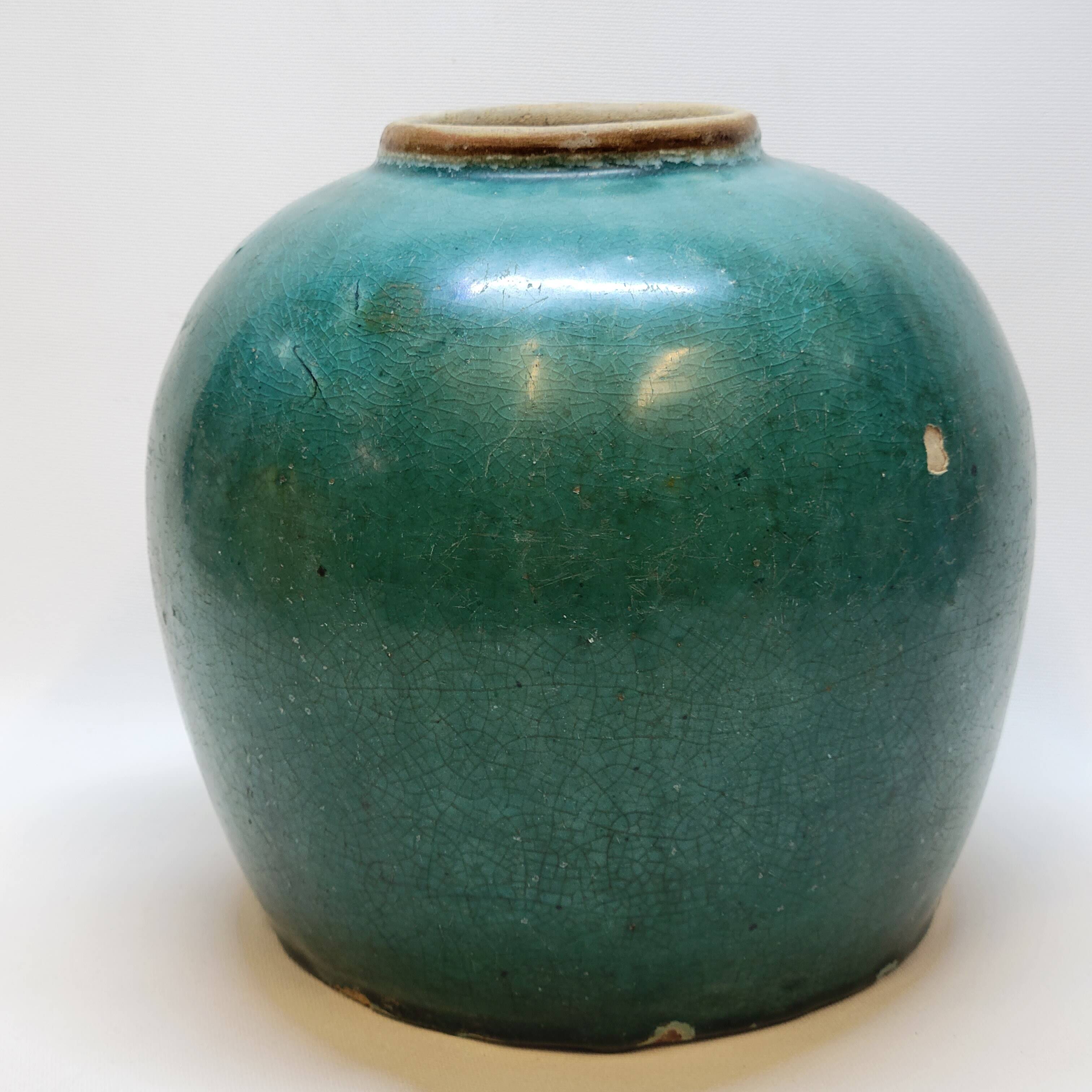 Antique Chinese Ginger Pot 1900 Green Blue Turquoise Enameled Ceramic