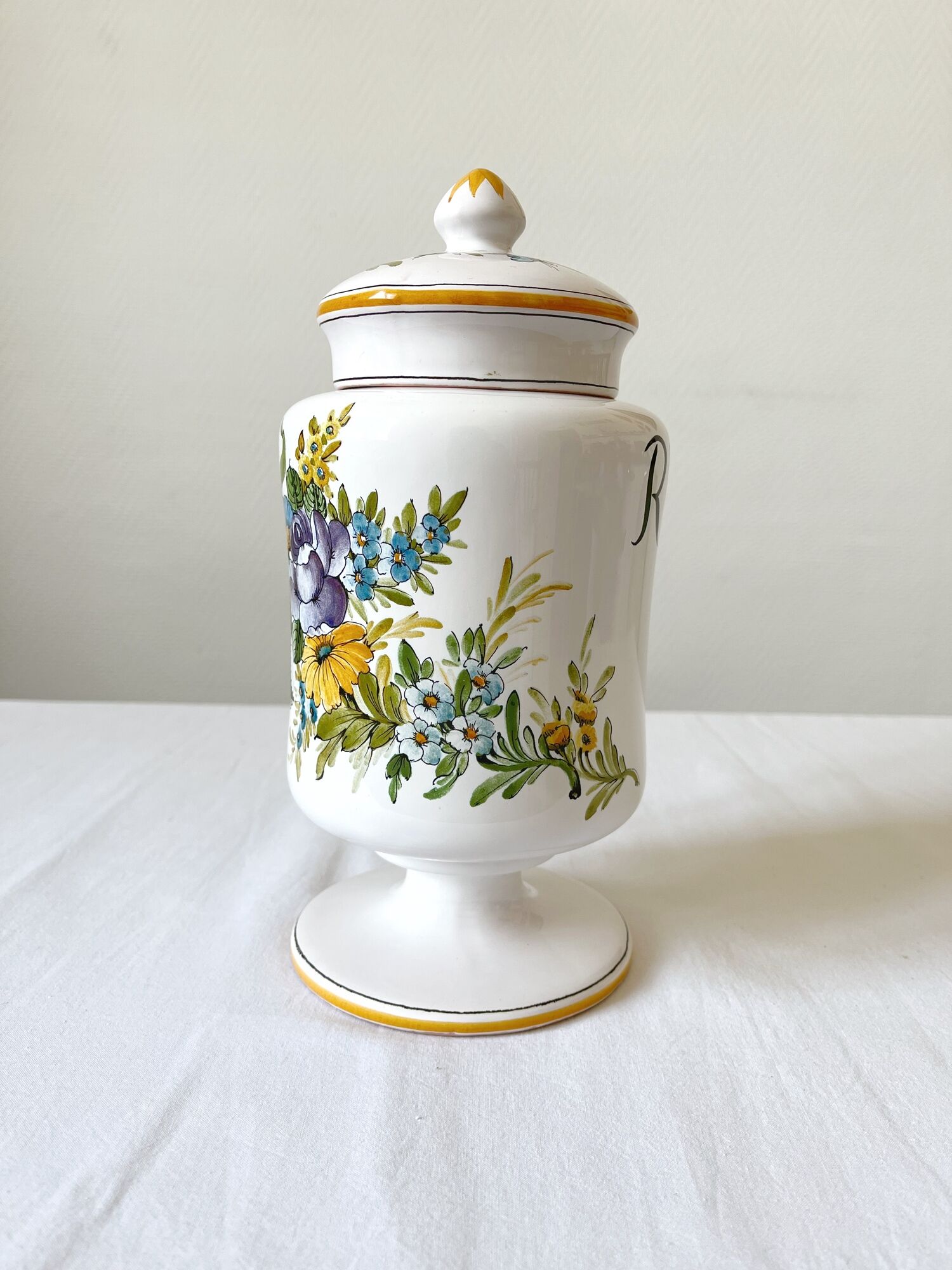 Apothecary pot Rhubarbe signed Lallier earthenware of art of Moustiers