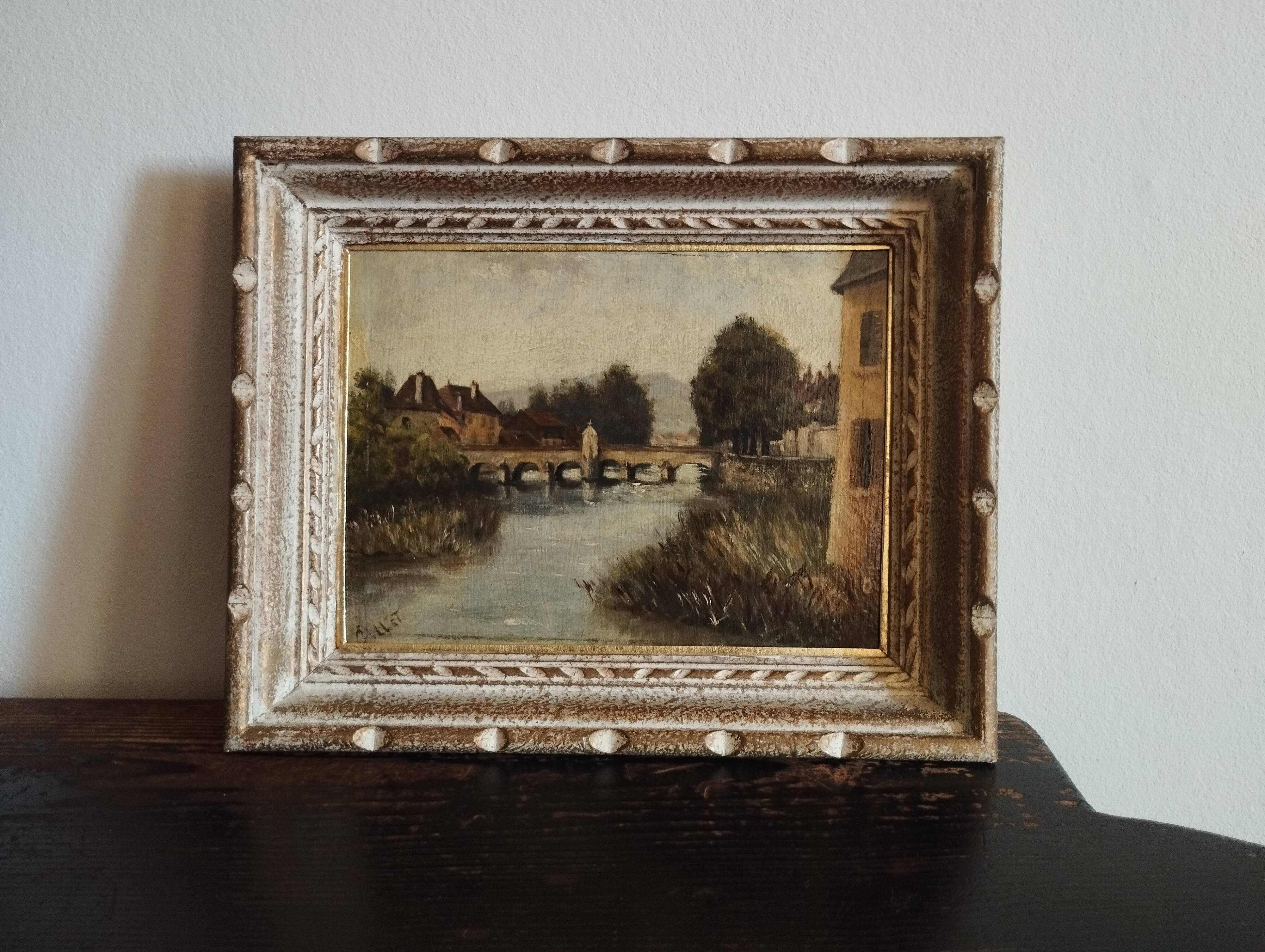 Landscape painting, old oil on cardboard framed signed GILLET.