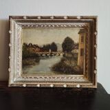 Landscape painting, old oil on cardboard framed signed GILLET.