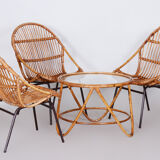 Art Deco Rattan Seating Set Designed by Alna Fuchs, Chairs and Table, Czechia, 1940s