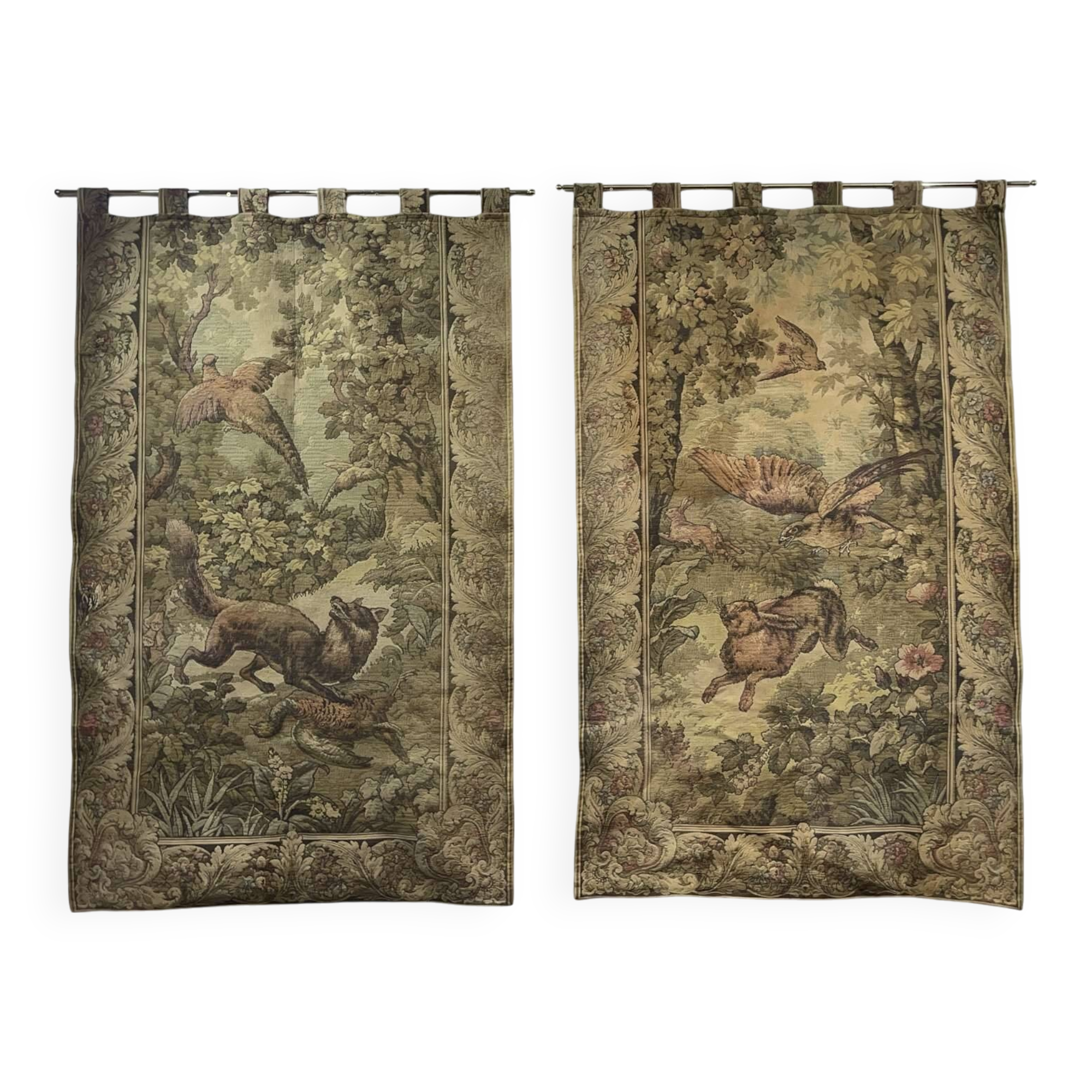 Pair of 20th century wall tapestries with animal decor