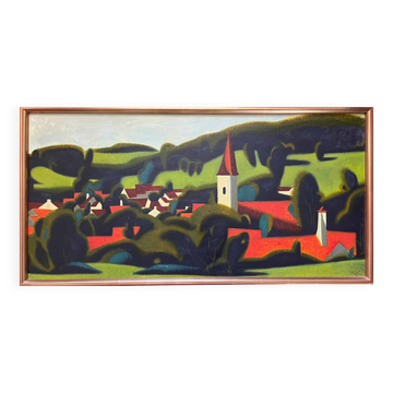 Tableau HST Post Cubiste encadré "Le village au clocher" signé DC