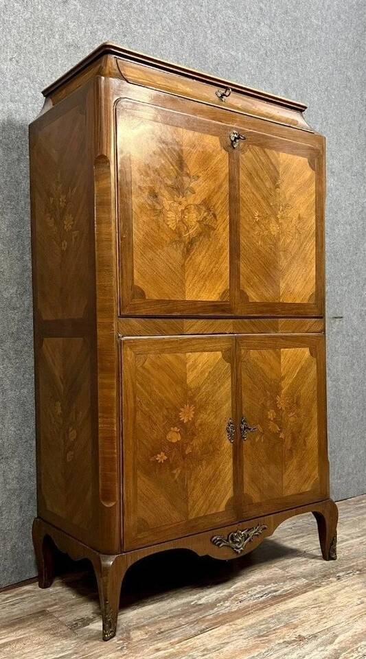 Louis XV style secretary in precious wood marquetry with floral decorations