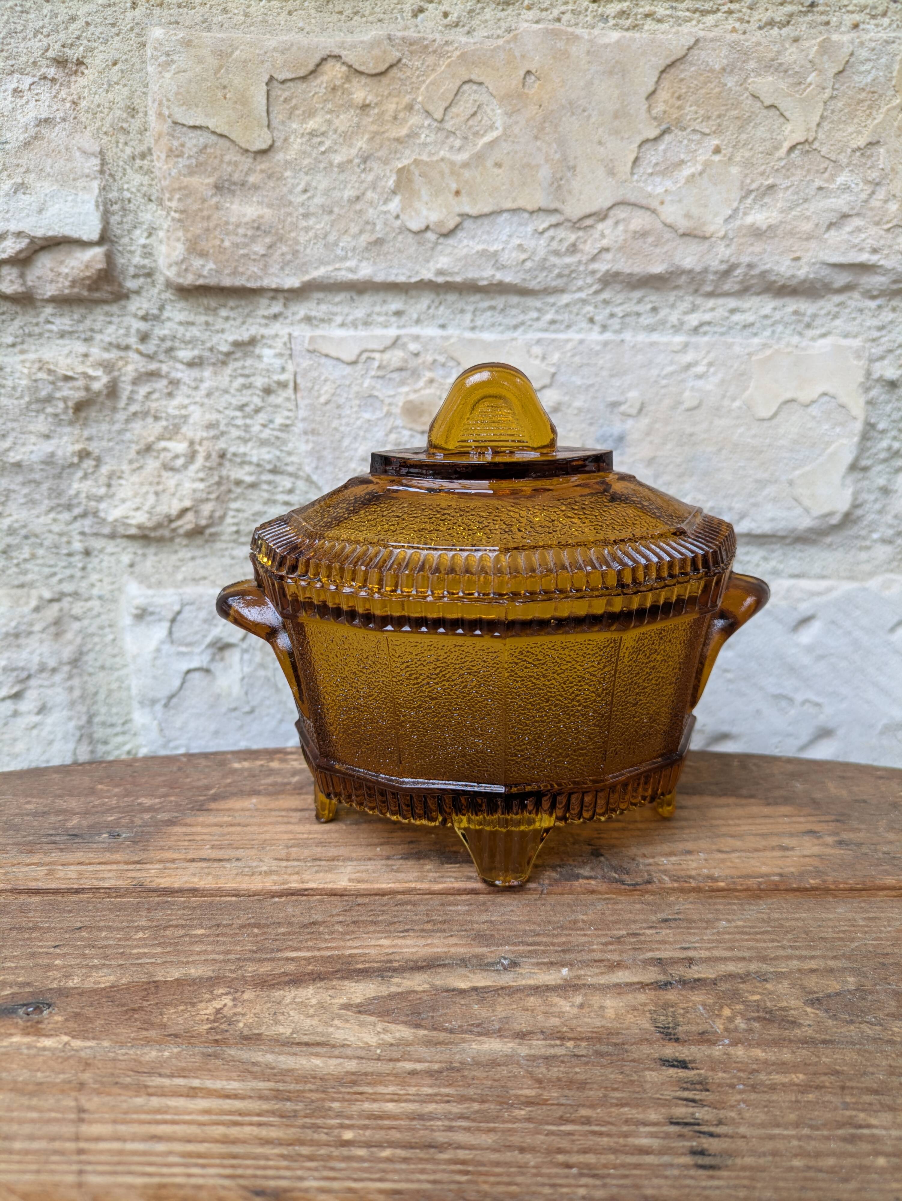 Amber glass bonbonnière with lid