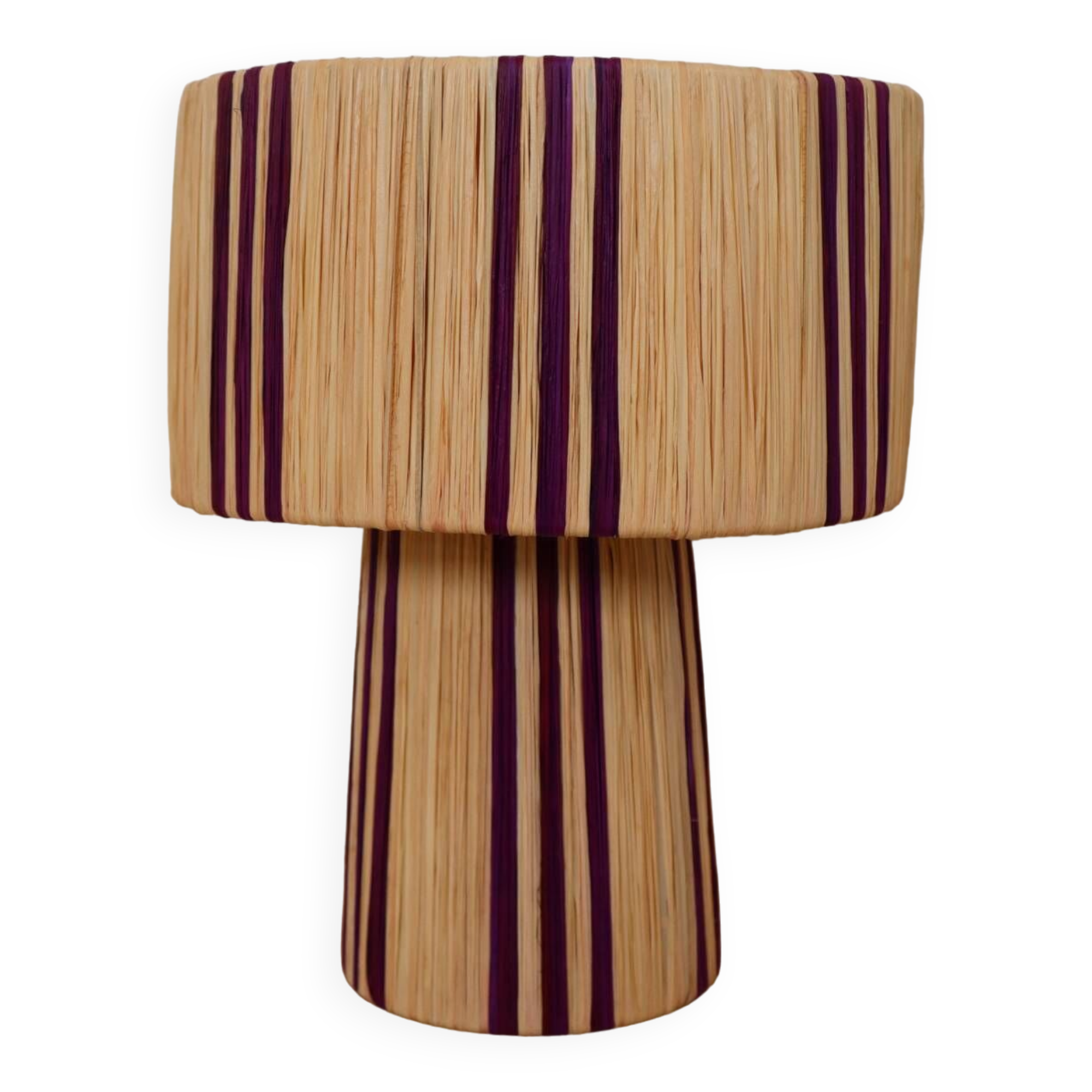 Table lamp in natural raffia with purple stripes
