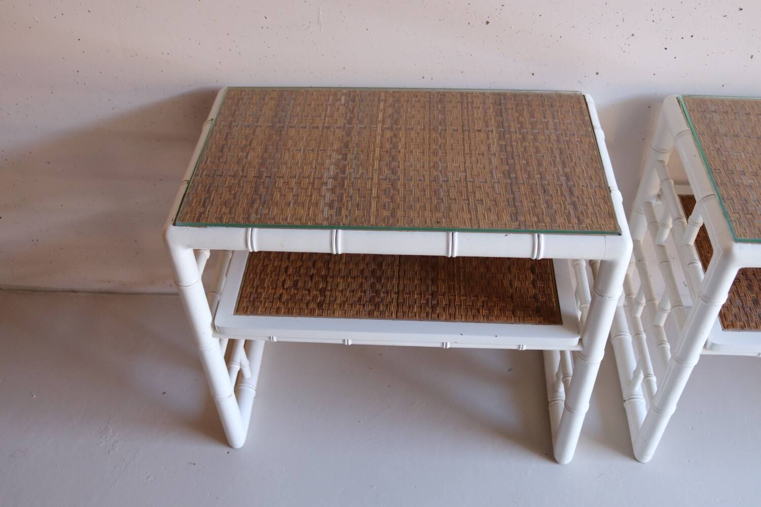 Pair of bedside tables in bamboo effect wood and woven wicker