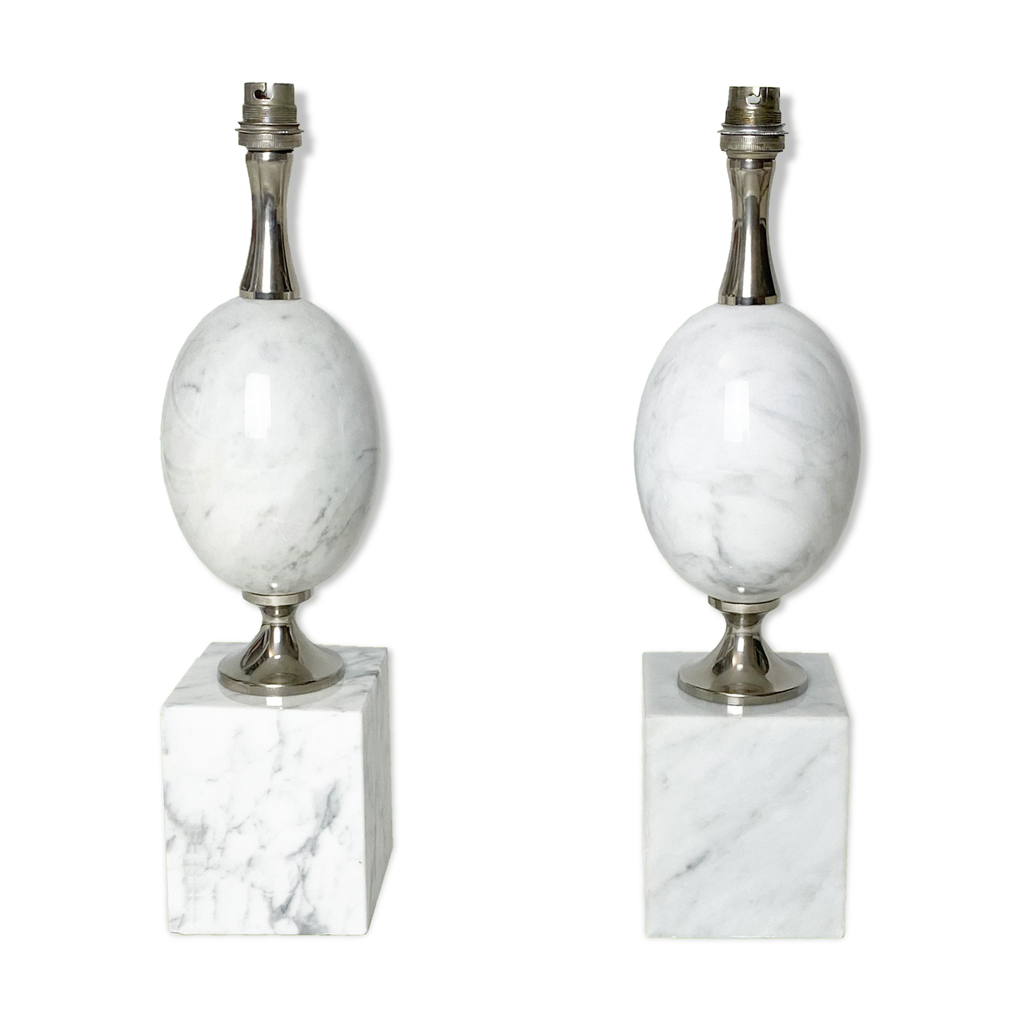 Pair of modernist egg lamp bases by Phillipe Barbier of the 60s in white Carrara marble.
