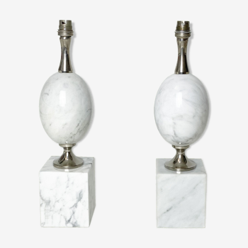 Pair of modernist egg lamp bases by Phillipe Barbier of the 60s in white Carrara marble.