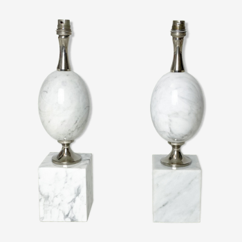 Paire de pieds de lampe moderniste oeuf par Phillipe Barbier des années 60 en marbre blanc de Carrare