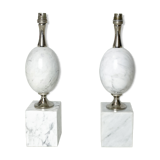 Pair of modernist egg lamp bases by Phillipe Barbier of the 60s in white Carrara marble.