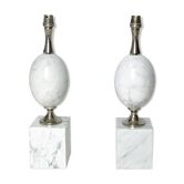 Pair of modernist egg lamp bases by Phillipe Barbier of the 60s in white Carrara marble.