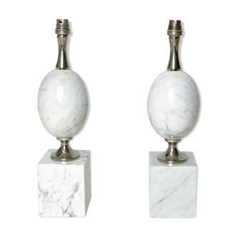Paire de pieds de lampe moderniste oeuf par Phillipe Barbier des années 60 en marbre blanc de Carrare