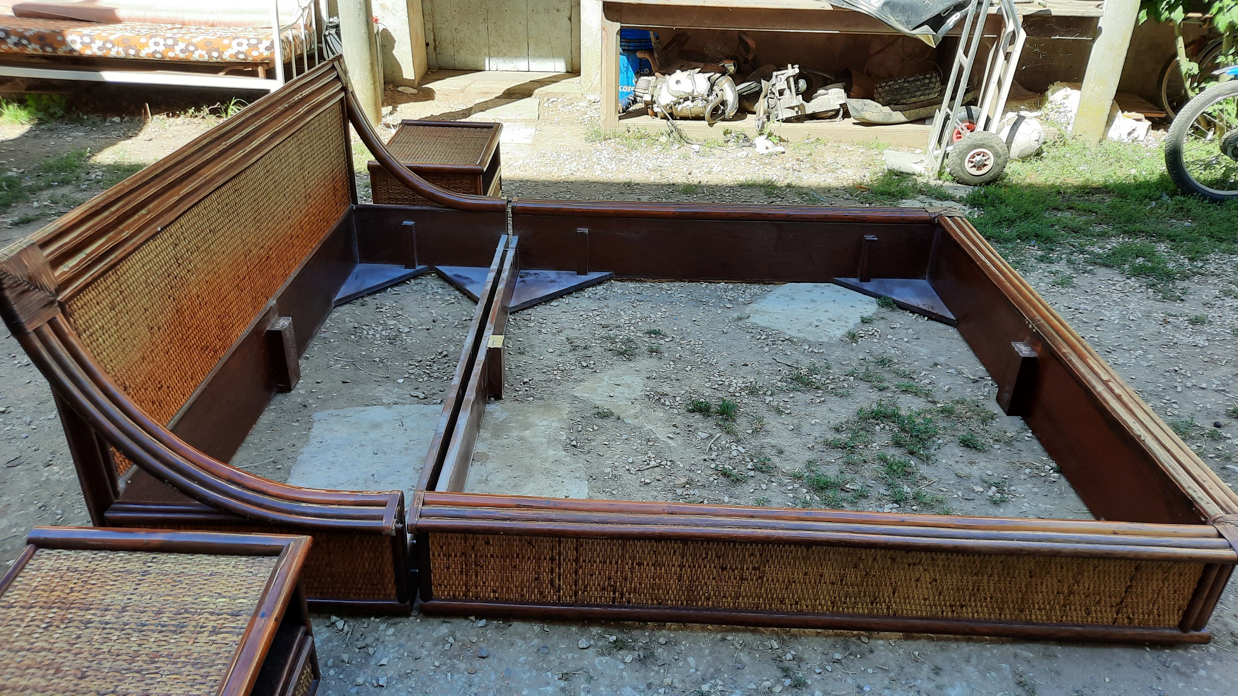 Rattan and bamboo bed and side tables