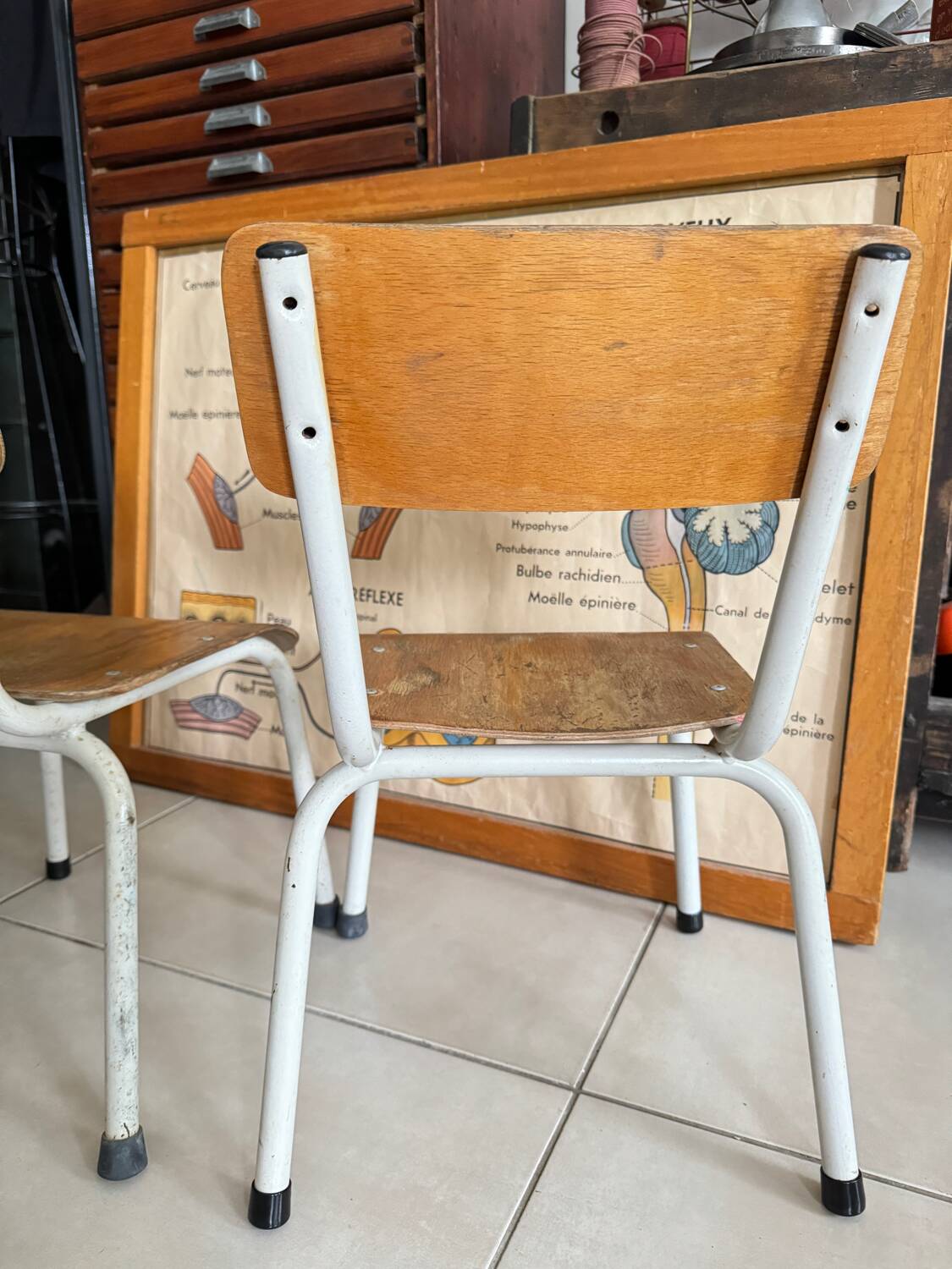 Pair of children's school chairs in wood and metal