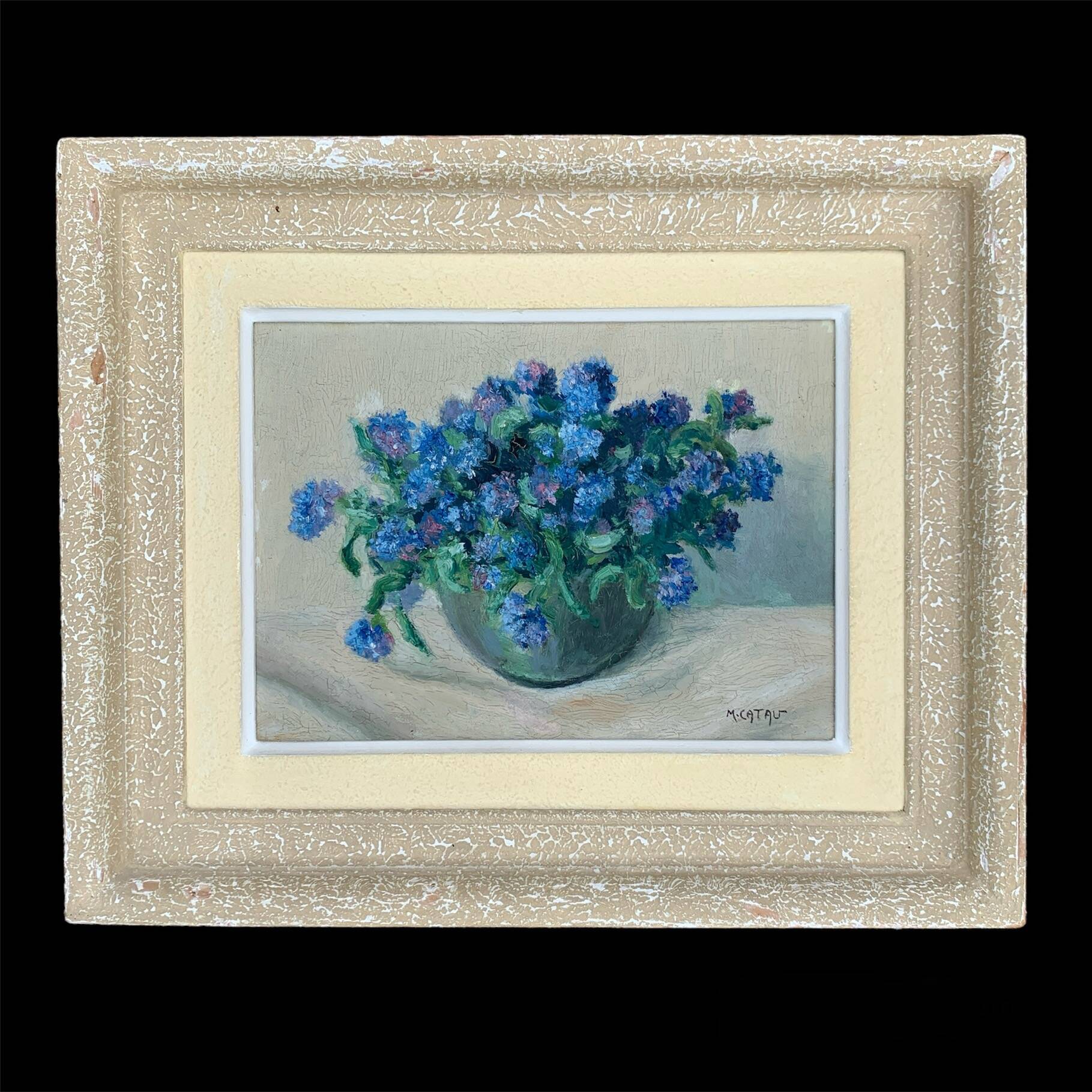 Table Painting on cardboard still life bouquet Maurice Catau Nancy 1954