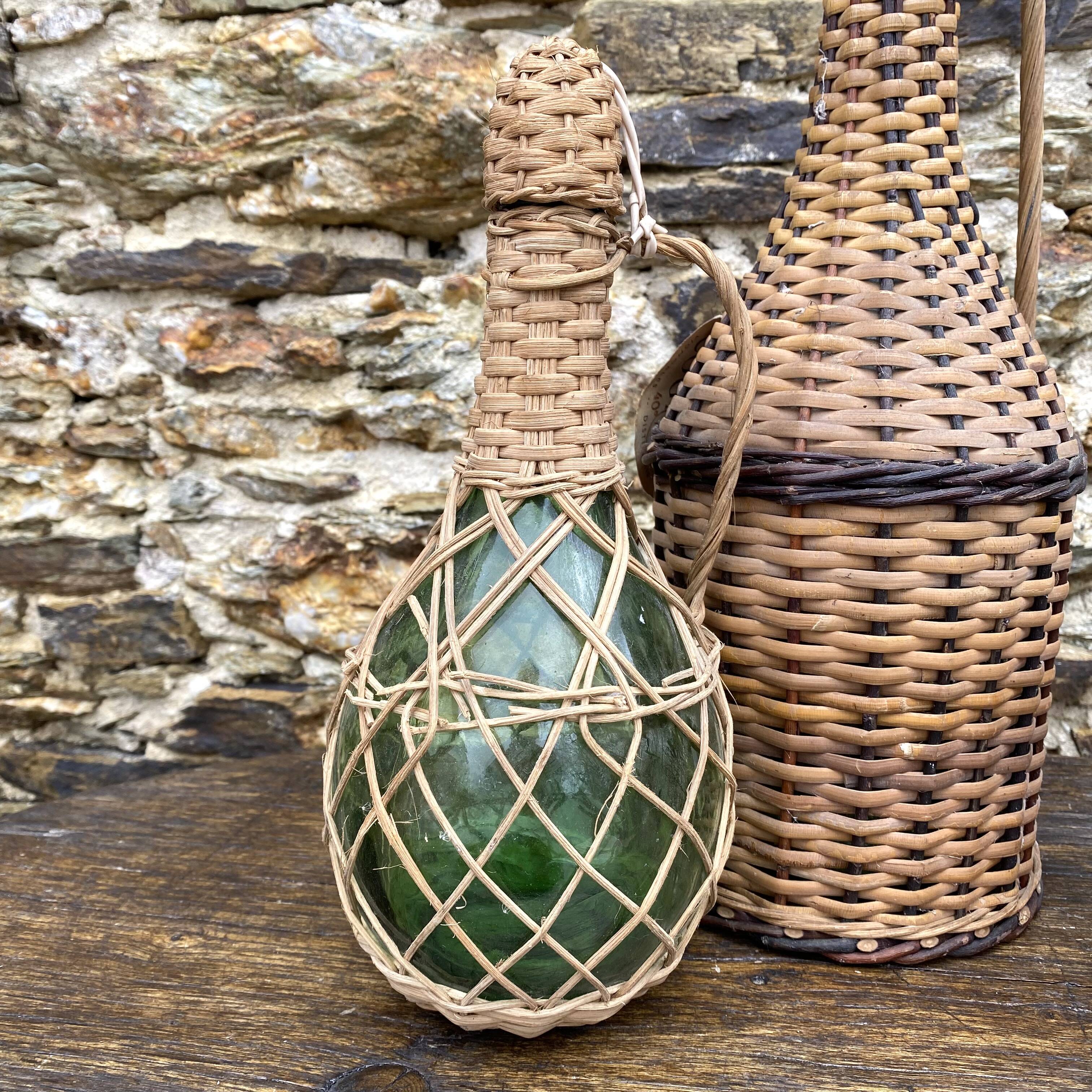 Glass bottles and rattan, woven wicker
