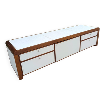 Enfilade / meuble tv cuir surpiqué par Michel boyer 60/70
